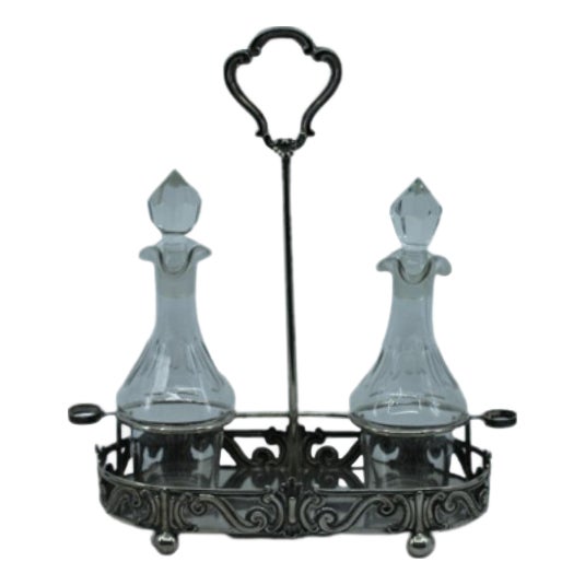 Silver and Cut Glass Cruets with Scrolls and Ball-Shaped Feet, Set of 3 For Sale