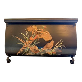 Vintage Hand-Painted Tole Magazine or Vinyl Records Rack – Pheasants & Meadow Scene For Sale