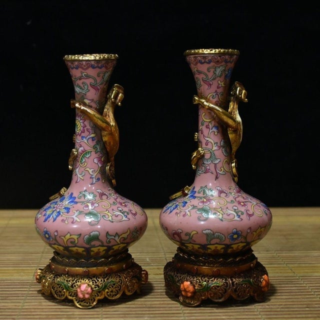 Vintage Chinese Pink Enamel Vase Pair With Dragon Relief and Filigree Stands For Sale - Image 9 of 9
