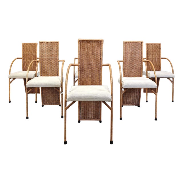 Vintage Wicker High-Back Dining Chairs, 1980s, Set of 6 For Sale