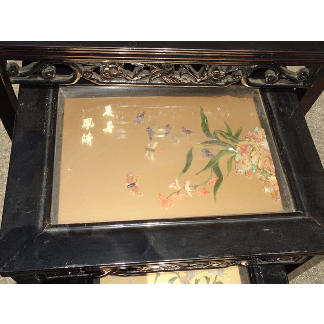 Vintage Oriental Asian Black Nesting Tables W Decorative Table Tops ~ Set of Four For Sale In Los Angeles - Image 6 of 13