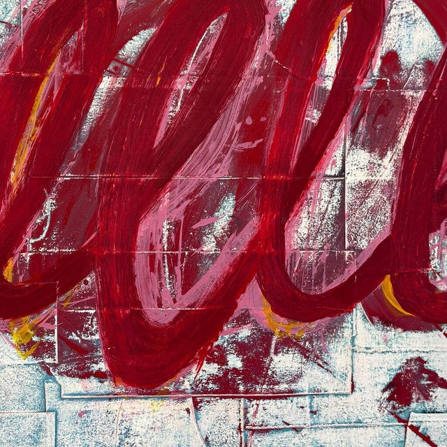 Abstract Christiane Corcelle "Rouge Pour Toujours Ii" Acrylic and Collage on Canvas, Abstract Painting With Crimson Loops on Pale Blue, 2026 For Sale - Image 3 of 5