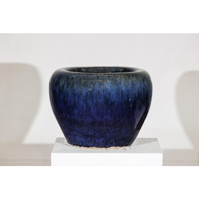 Vintage Chinese Blue-Glazed Ceramic Planter with Rounded Form and Brown Accents For Sale - Image 18 of 18