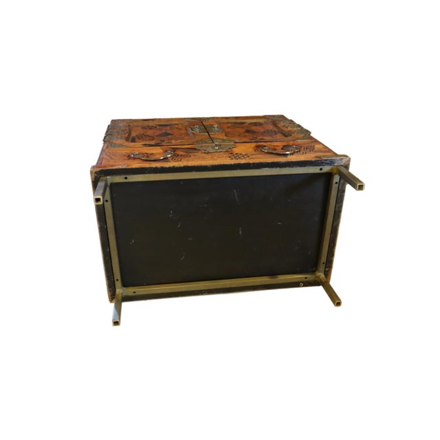 Wonderful Raised Japanese Cabinet Crafted With Geometrically Intricate Inlayed Wood and Hand Wrought Hardware For Sale - Image 12 of 12