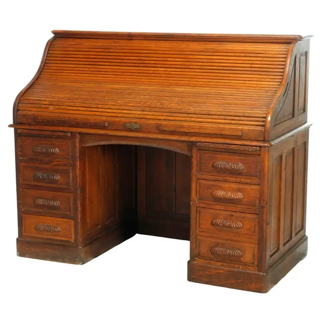 Antique Derby School Paneled Oak Roll Top Desk with Full