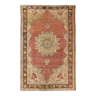 Antique Oushak Medallion Rug in Rose, Pale Green, Light Blue, Gold and Brown For Sale