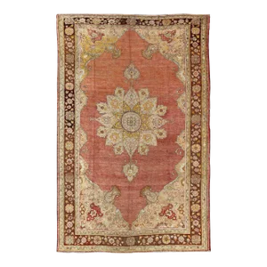 Antique Oushak Medallion Rug in Rose, Pale Green, Light Blue, Gold and Brown