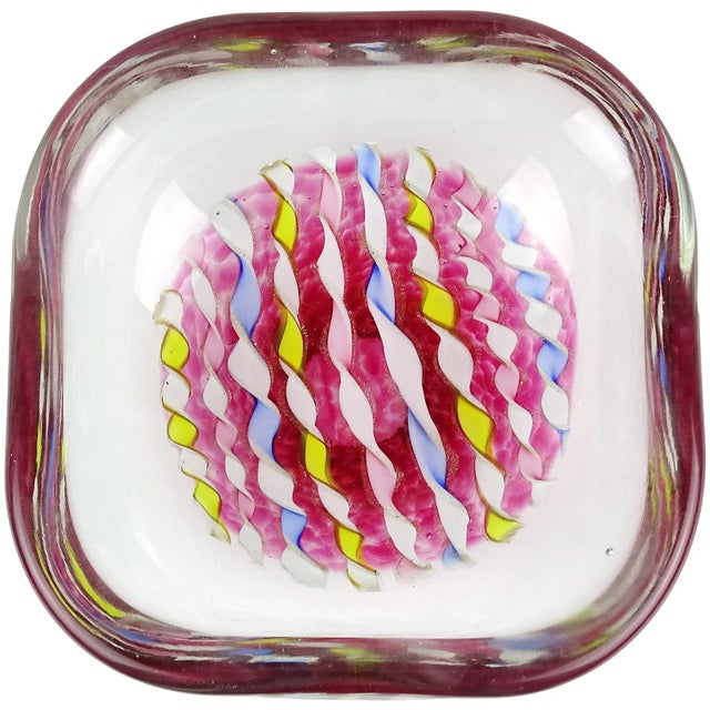 Dark Pink Vintage Murano Pink Yellow Blue White Aventurine Flecks Ribbons Italian Art Glass Mid Century Bowl For Sale - Image 8 of 8