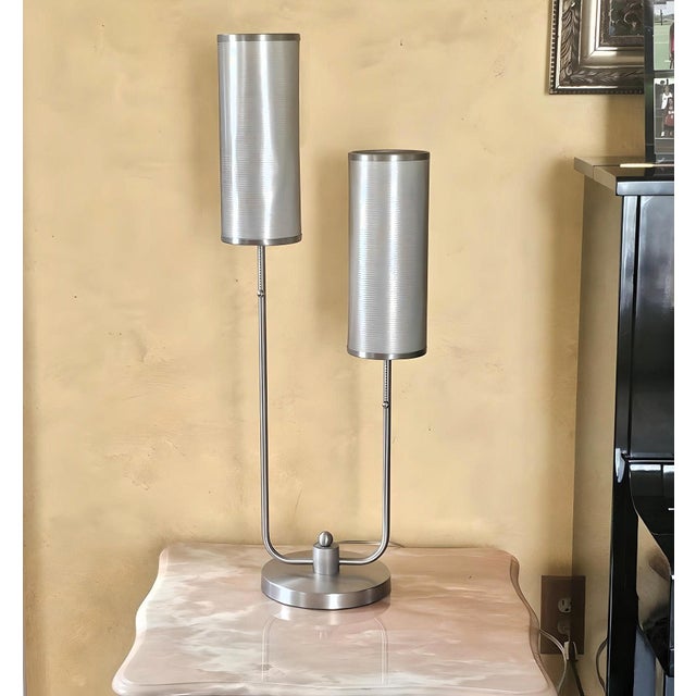 Contemporary Abstract Modern Nickel Double Metal Mesh Shade Lamp Styled after Anthony California. No maker's mark is found...