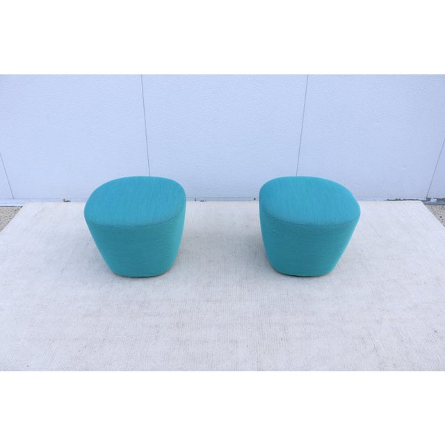 Organic Modern Andreu World Beat Ottoman in Blue Teal Fabric - A Pair For Sale - Image 4 of 18