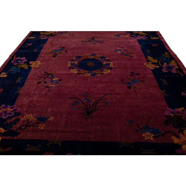 Art Deco Burgundy Antique Art Deco Handmade Chinese Floral Motif Wool Rug For Sale - Image 3 of 10