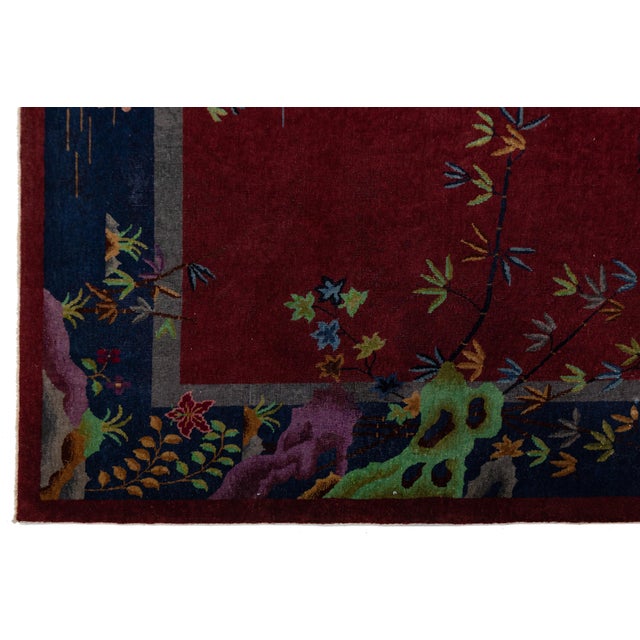 8 X 10 Antique Handmade Chinese Art Deco Wool Rug in Red With Traditional Design For Sale - Image 10 of 12