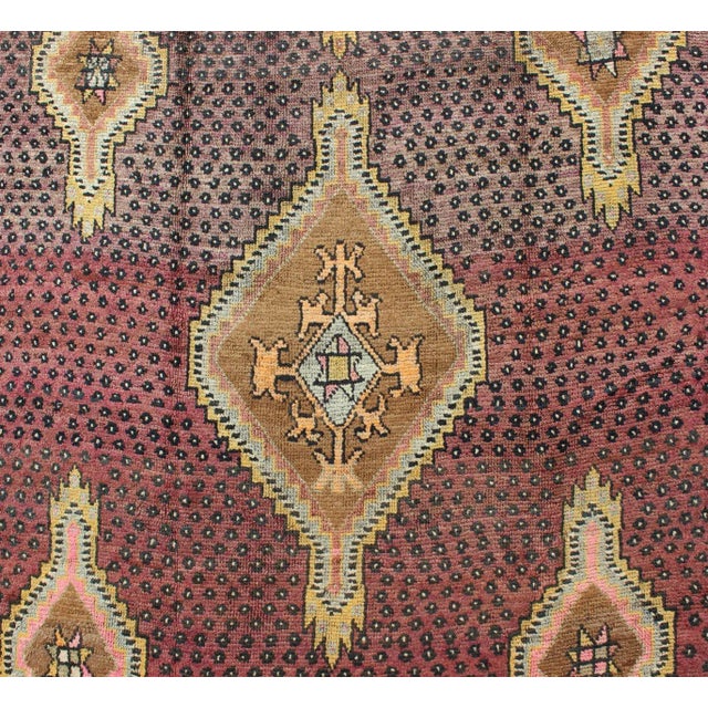 Vintage Turkish Medallion Oushak Kars Gallery Runner in Gold and Burgundy For Sale In Atlanta - Image 6 of 9