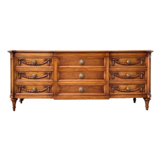 Vintage Karges Furniture Walnut Regency Style Walnut 9 Drawer Triple Dresser With Brass Knobs For Sale