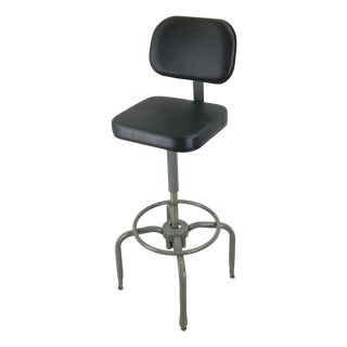 Vintage Industrial Adjustable Drafting Stool With Backrest and Footrest For Sale