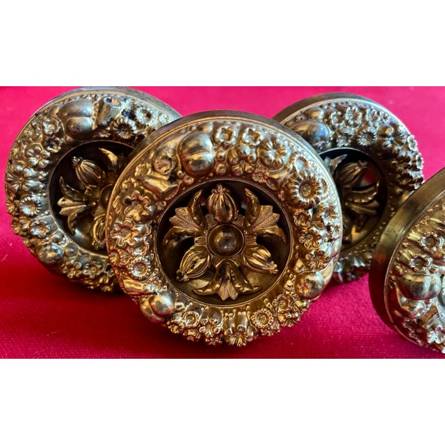 Set 4 antique 19th century French Classical gilt brass curtain tie backs for the American Market. Each measures 4 1/8"...