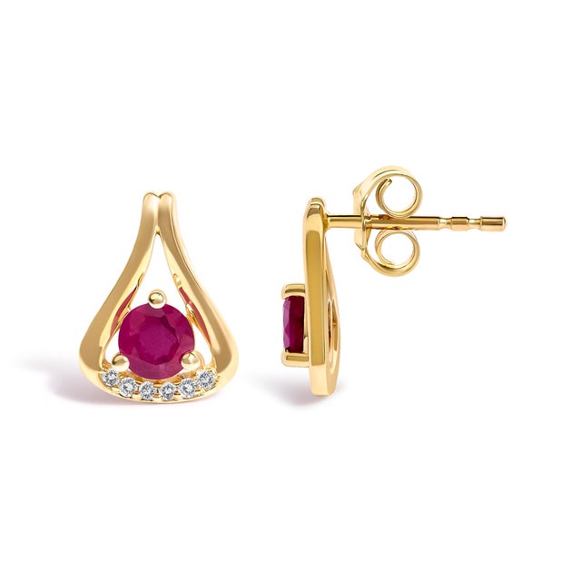 Haus of Brilliance 14K Yellow Gold Red Ruby and Diamond Accent Teardrop Stud Earrings, Pair For Sale - Image 4 of 4