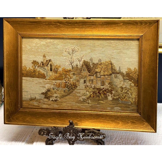 c1900 Florentine Gilt Wood Framed Intricate Needlepoint-Pastoral Village 17x12 This listing is for a strikingly attractive...