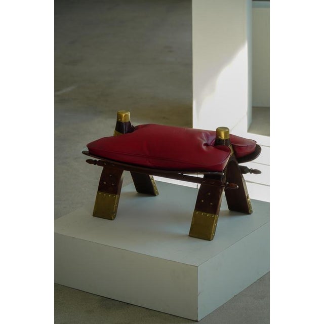 Moroccan Camel Saddle Stool in Stained Wood, Brass and Leather, North Africa, 1980 For Sale - Image 4 of 18