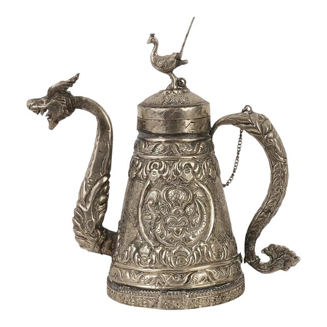 Tibetan Asian Indian Repousse Chased Silver Alloy Ewer Teapot For Sale