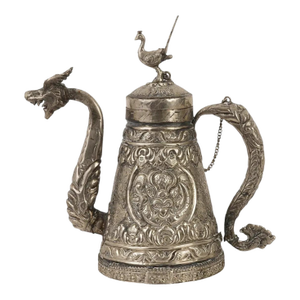 Tibetan Asian Indian Repousse Chased Silver Alloy Ewer Teapot