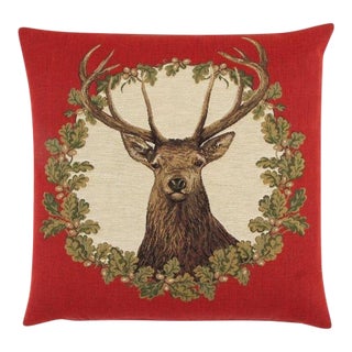 Stag Red Tapestry Cushion With Feather Filler - 46x46cm (18"x18") For Sale