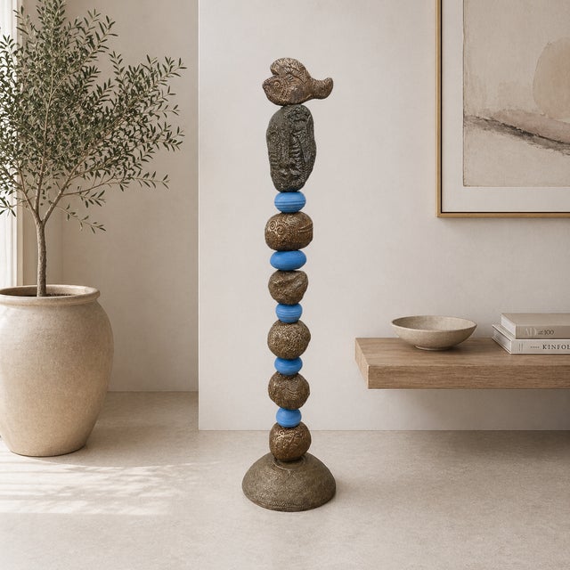 2020s Marc Zimmerman "Stone Perch 5" Glazed Ceramic Totem, 62 Inches Tall, Organic Sphere Forms, Neutral Glaze, Bird Finial, Contemporary Art West Coast For Sale - Image 5 of 7