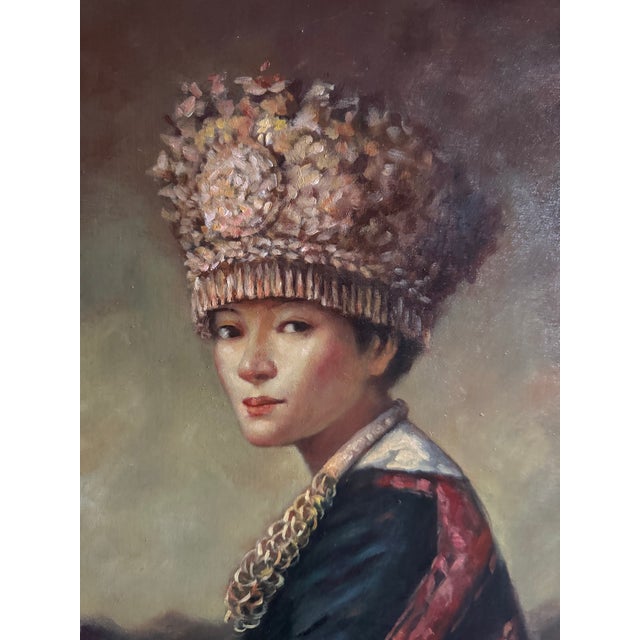Chinese Large Original Chinese Portrait Oil Painting Woman in Traditional Headdress Framed For Sale - Image 3 of 8