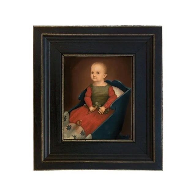 "Primitive Baby in Cradle" Framed Print on Canvas in Distressed Black Wood Frame For Sale - Image 4 of 4