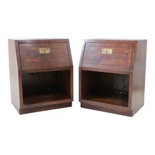 Pair Campaign Style End Tables Nightstands by Henredon For Sale