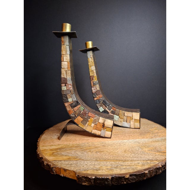 Mid-Century Modern Vintage Mid-Century Eilon Mosaics Hand-Hammered Copper & Holy Land Stone Shofar Candlesticks For Sale - Image 3 of 15