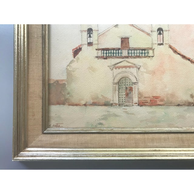 Mexican Vintage 1960s Original Watercolor Painting of Spanish Mexican Mission, Signed S. Ortiz, Framed For Sale - Image 3 of 10