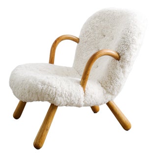 Vintage Danish Wooden Sheepskin Clam Chair by Arnold Madsen for Madsen & Schubell Denmark, 1940s For Sale