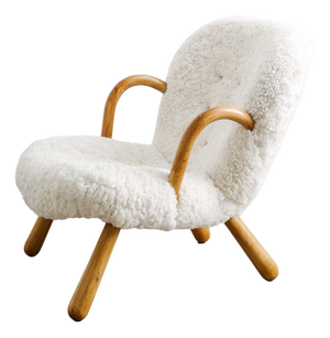 Vintage Danish Wooden Sheepskin Clam Chair by Arnold Madsen for Madsen & Schubell Denmark, 1940s