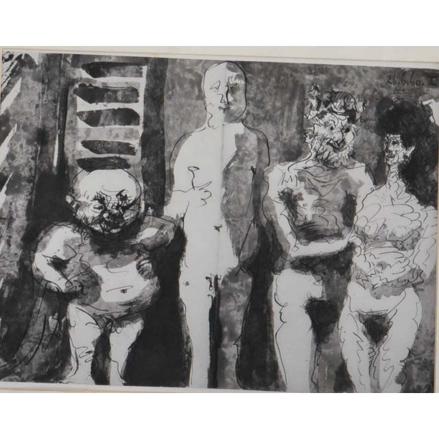 This is a black and white lithograph by Pablo Picasso, signed and dated "Picasso 1960." The work, with dimensions of 15" x...