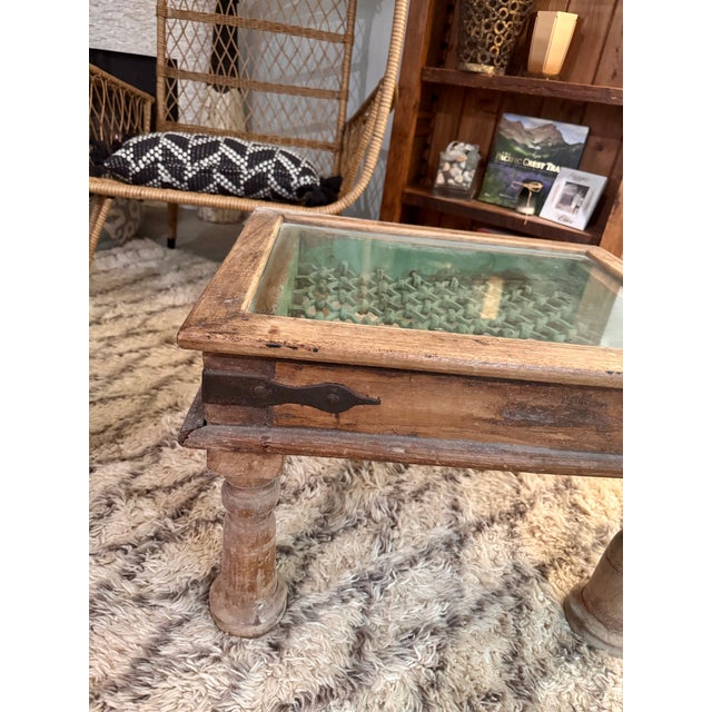 Vintage Indian Carved Teak Accent Table With Shadowbox Inset Brass Window Grate Glass Top For Sale - Image 4 of 6