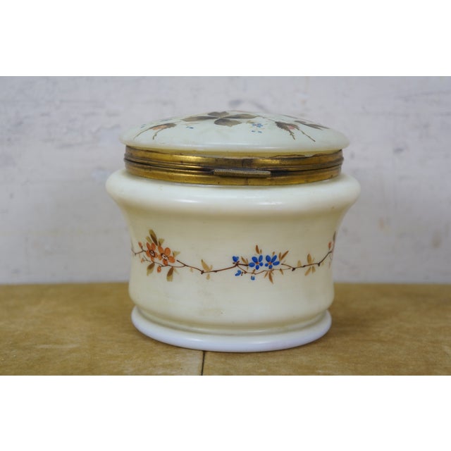 Antique French Victorian Painted Floral Opaline Glass Vanity Jar Casket 5" For Sale - Image 10 of 14