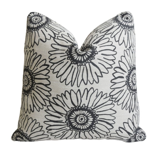 Pair custom-tailored designer pillows in Perennials Fabrics "Sunflower" luxurious linen fabric depicting a large sunflower...