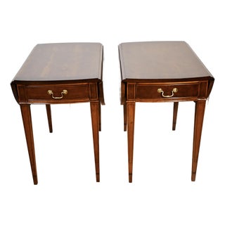 1950s English Hepplewhite Birdseye Maple Banded Walnut Pembroke Drop Leaf Tables For Sale