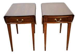1950s English Hepplewhite Birdseye Maple Banded Walnut Pembroke Drop Leaf Tables