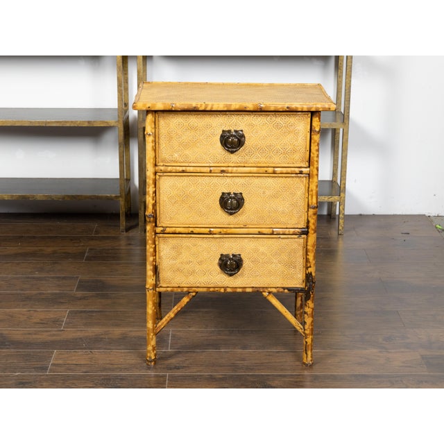 Early 20th Century Small English 1920s Mottled Bamboo Three-Drawer Chest with Floral Décor For Sale - Image 5 of 12