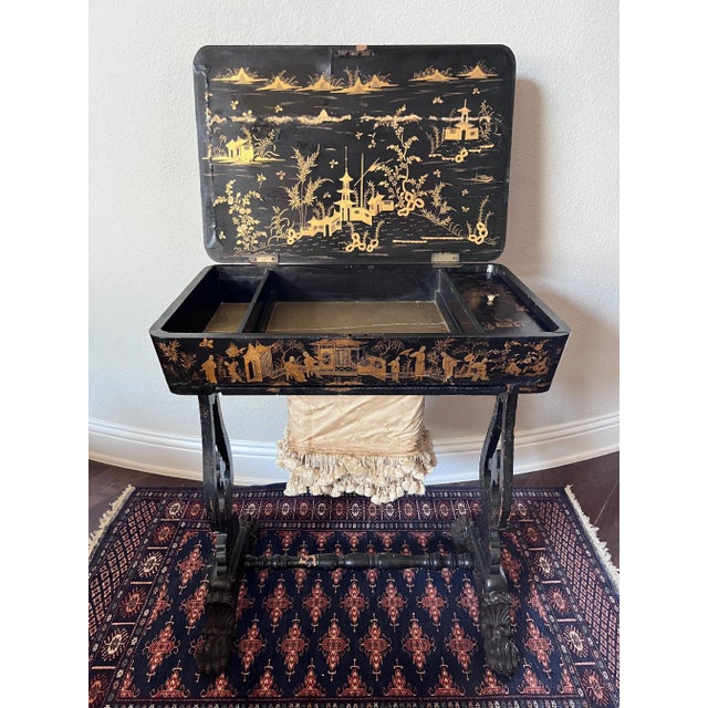Antique 19th Century Chinese Export English Chinoiserie Black Laquered Sewing Table, Work Table For Sale - Image 9 of 12