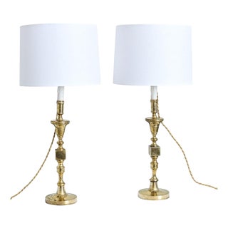 Vintage French Brass Candlestick Lamps - a Pair For Sale