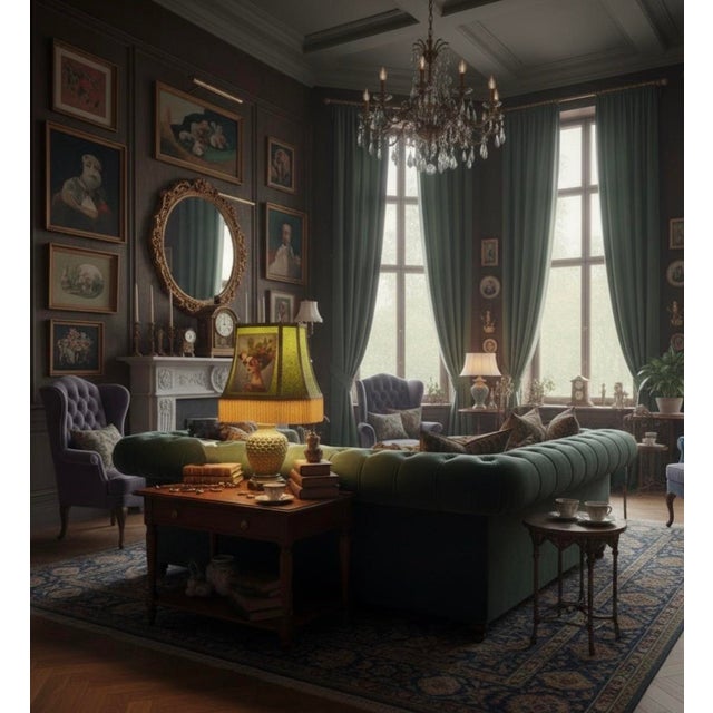 Textile Unique Olive Velvet Lampshade With Smart Portrait Panel and Gold Fringe- And It Glows! For Sale - Image 7 of 8