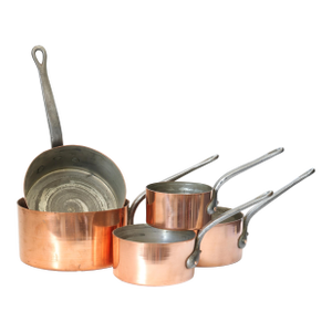 Graduated Set of Antique French Copper Saucepans with Iron Handles