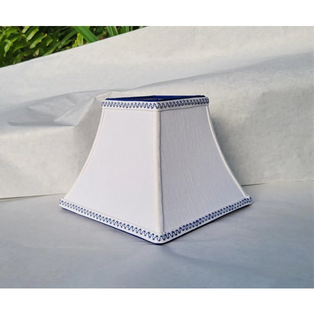 Contemporary Small White Linen Lampshade Clip on Blue Trim Square Bell For Sale - Image 13 of 13