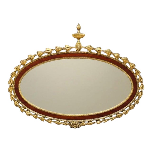 Oversized Antique French Carved Gilt Wood & Mahogany Oval Wall Mirror For Sale
