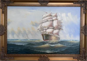 Original Oil Painting on Canvas Seascape, Sailing Ship, Signed Davis, Gold Frame