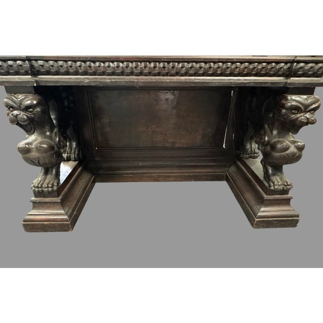 Wood Antique Carved Oak Drop Front Desk Renaissance Revival Figural Lion Writing Desk For Sale - Image 7 of 11