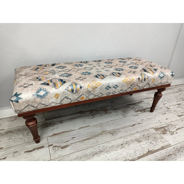 Handmade Tan Rug Print Fabric Upholstered Bench For Sale - Image 9 of 11